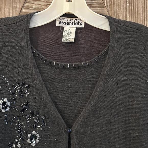 Vintage Unnecessary Essentials Sweater Charcoal Gray Size S Floral Beads - Picture 2 of 6
